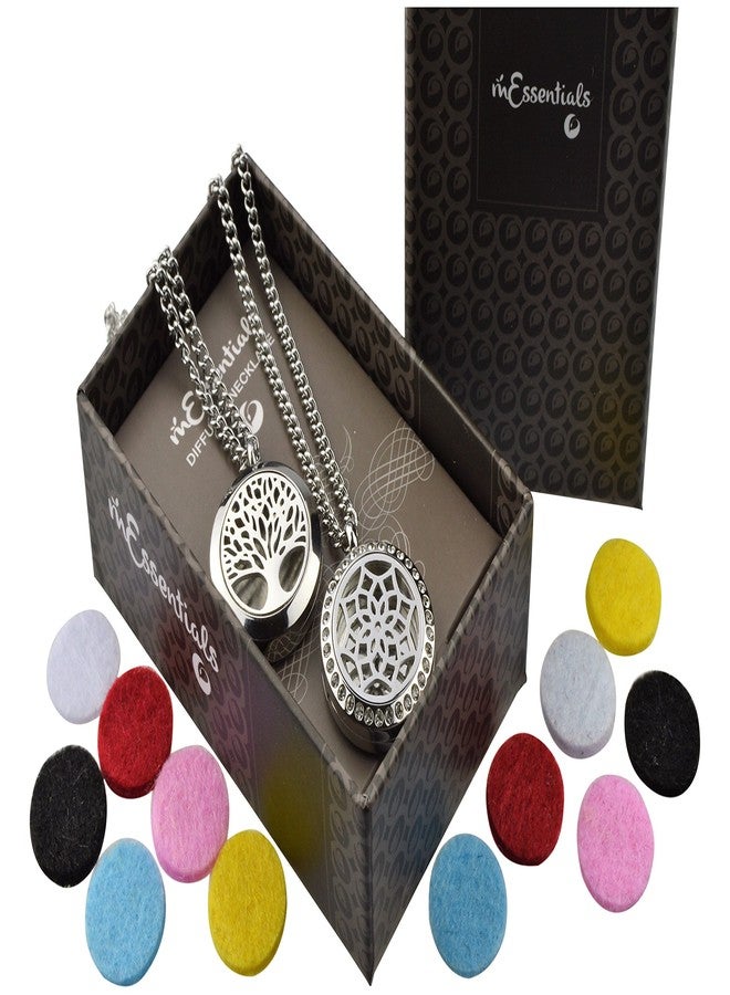 mEssentials Tree of Life and Flower with CZ's Essential Oil Diffuser Necklace Stainless Steel t Pendants with 24" Chains + 12 Refill Pads - Image 1